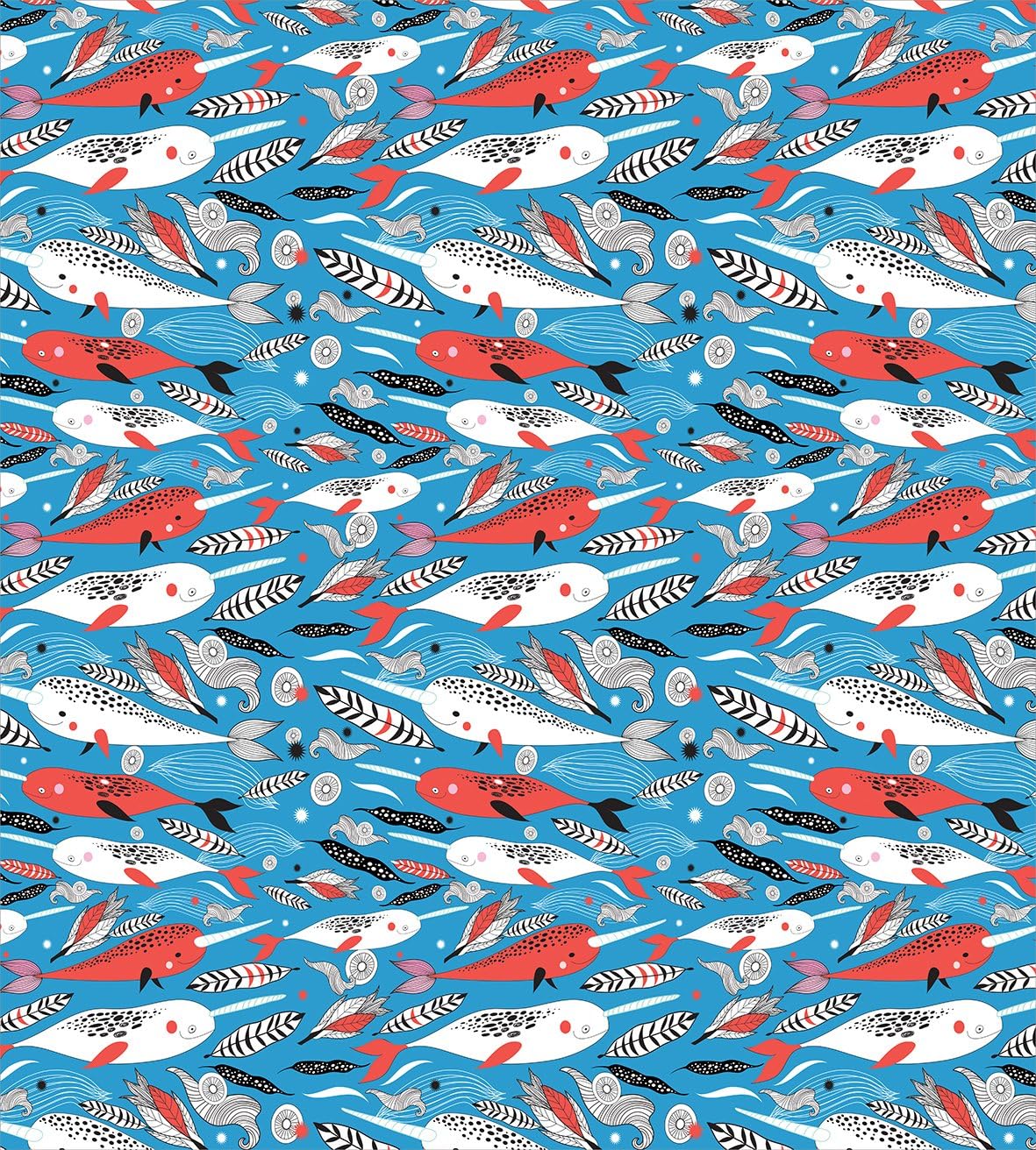 Ambesonne Narwhal Duvet Cover Set, Underwater Life Themed Whale and Bird Feather Illustration Colorful Design, Decorative 3 Piece Bedding Set with 2 Pillow Shams, Queen Size, Blue Coral