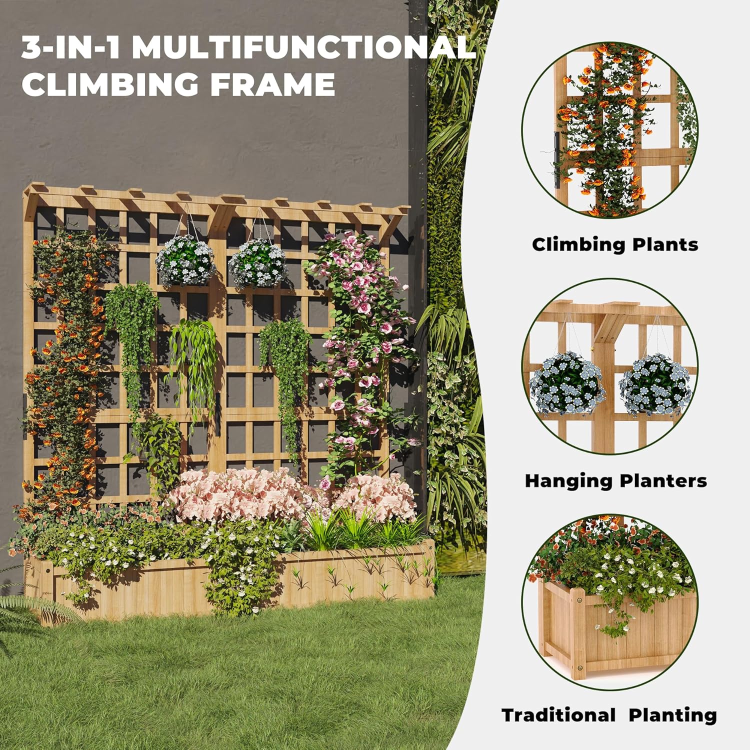 Rustic Wooden Raised Garden Planter with Trellis - Two-Tier Outdoor Planter Box with Hanging Basket Roof, 1.4ft Deep Planting Bed with Drainage for Climbing Plants, Vegetables and Flowers