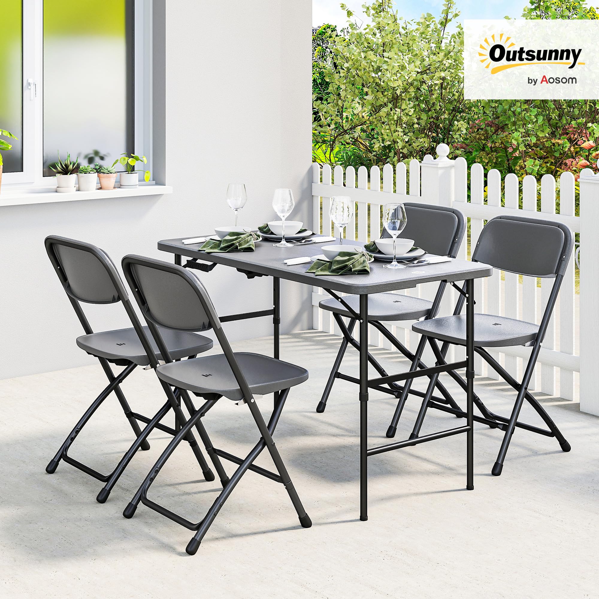 Outsunny Conjunto de Mesa y Sillas Jardín de 5 Piezas, Muebles de Jardín Exterior con Mesa Plegable Ajustable de 55 a 74 cm, 4 Sillas Plegables y Encimera de HDPE, para Terraza Patio, Gris Oscuro