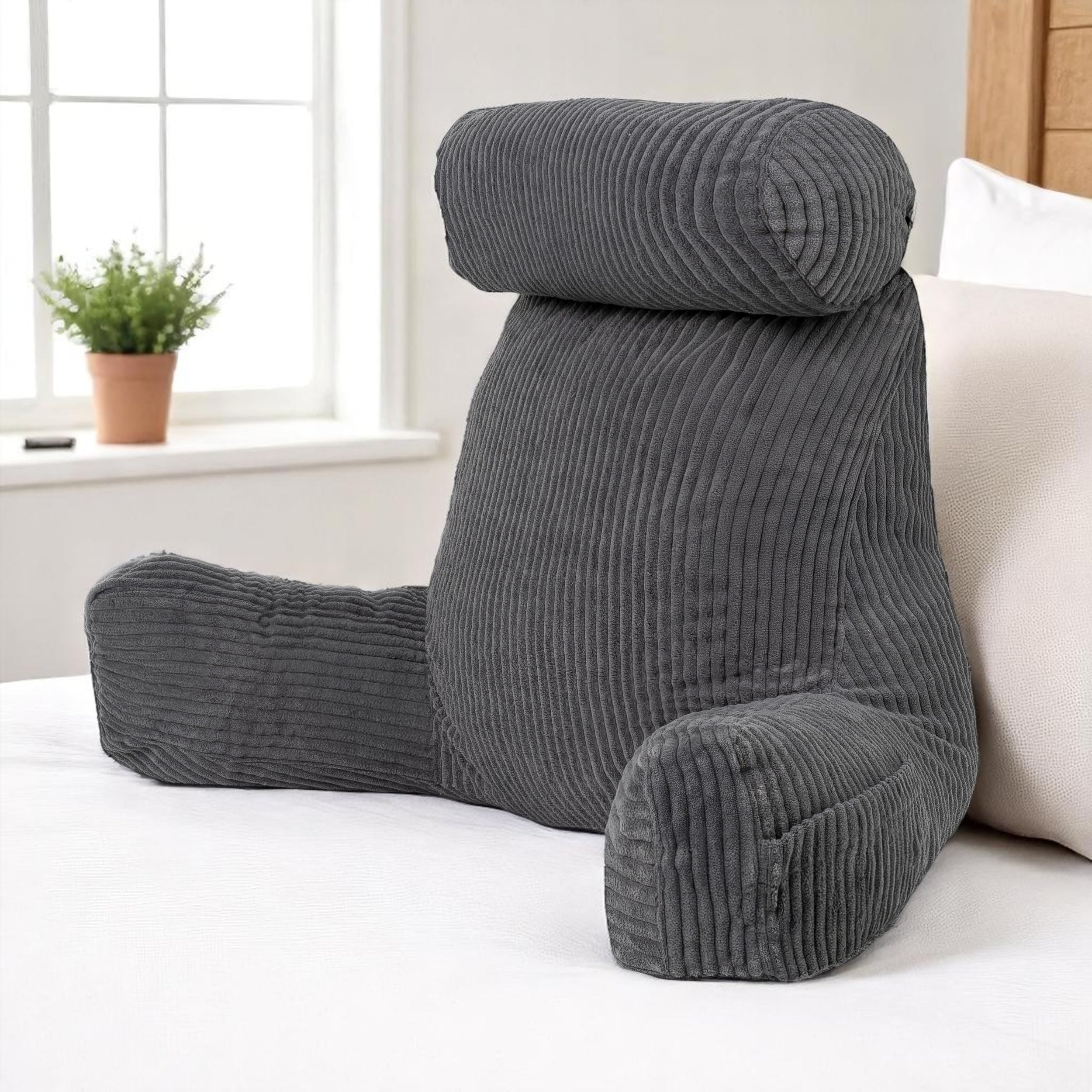 bananair – Lesekissen für Bett und Sofa aus Cord – Abnehmbare, Maschinenwaschbare Hülle – Weich & Komfortabel, Rückenstütze mit Armlehnen & Ergonomischer Sitzfläche (Grau)