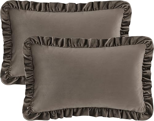 Miniatura 2 de GIGIZAZA Juego de 2 fundas de almohada lumbares marrones, 12 x 20 pulgadas, fundas decorativas de terciopelo con volantes para sofá