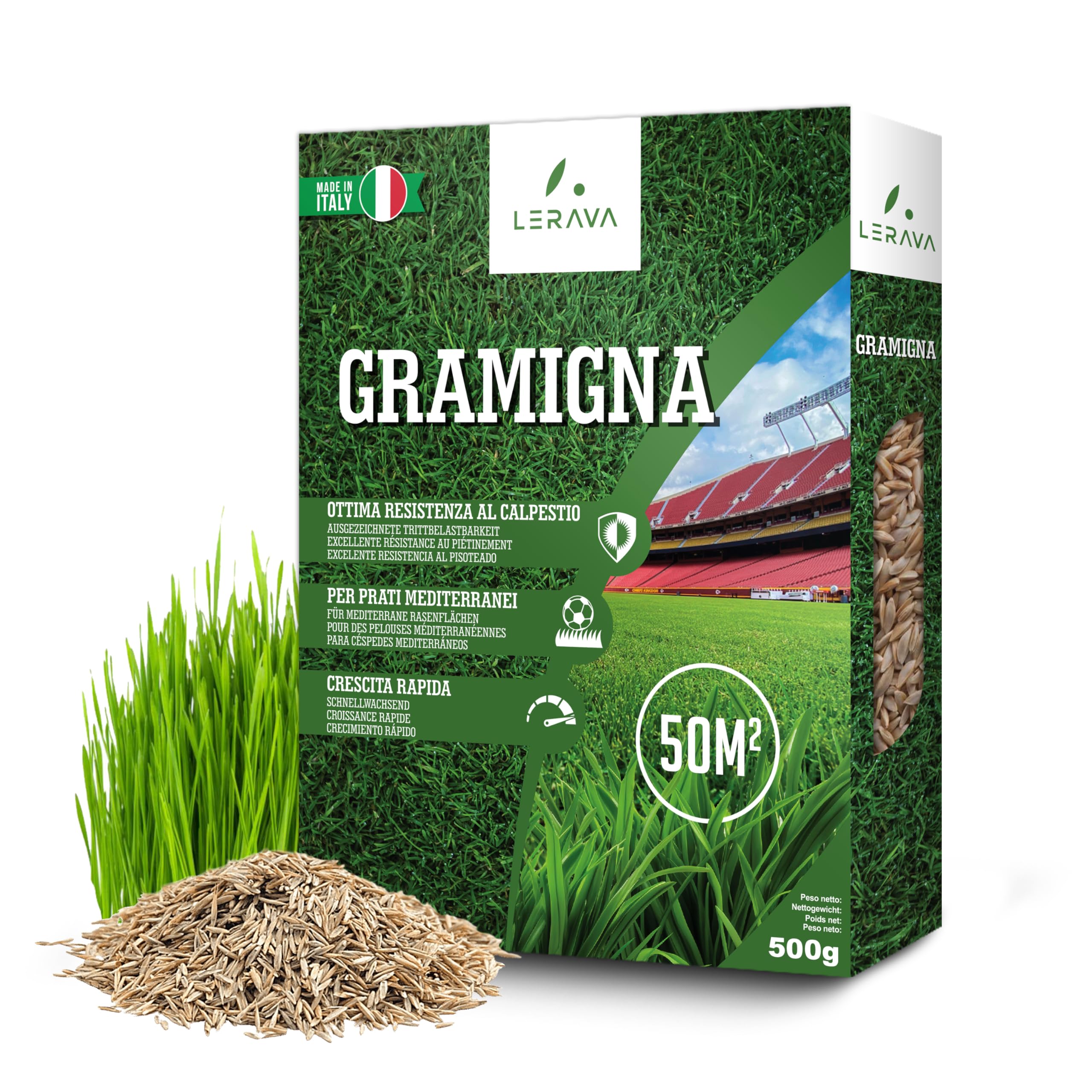 LERAVA Semi Gramigna per Prato (500 g) - Copertura 50 m² - Semi gramignone resistenti alla siccità - Ideali per prati mediterranei e costieri - Consumo d'acqua 20% ridotto
