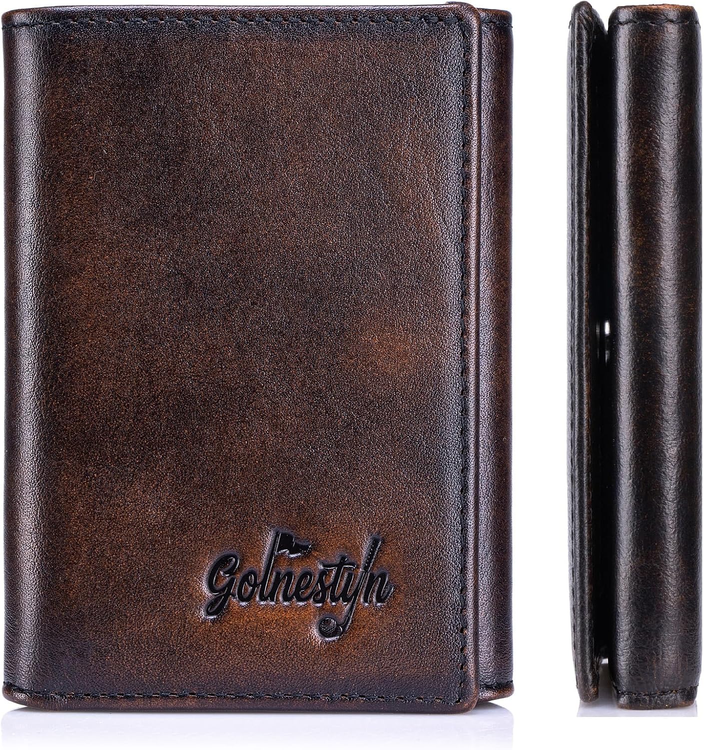 Trifold Wallet for Men, RFID Top Grain Leather Wallet | Vintage Brown • Smooth Leather • 8 Card Slots • ID Window • Slim Everyday Carry