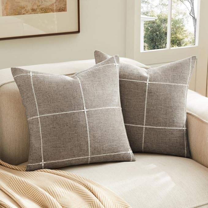 2 Packs Grid Embroidery Throw Pillow Covers, 22x22 Inch Cocoa Brown, Farmhouse Linen Decorative Dark Brown Cushion Covers for Sofa Bed Living Room Home Decor