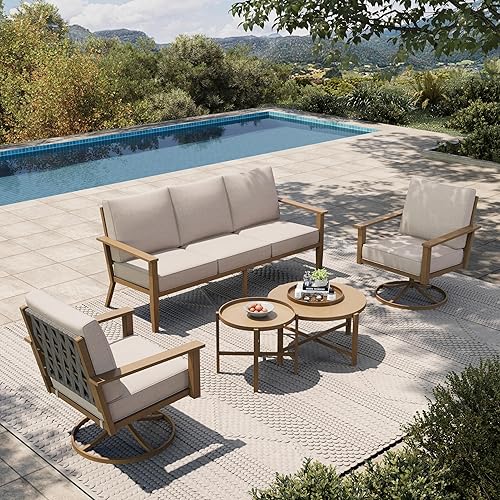 HERA'S HOUSE Juego de muebles de patio de 5 piezas, juego de conversación de metal para exteriores con acabado de grano de madera, 2 sillas