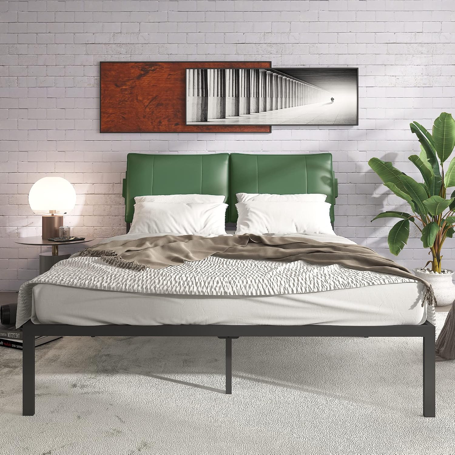 Fully assembled Recaceik Queen Size Bed Frame with a mattress and bedding, featuring a green upholstered headboard, in a bedroom setting.