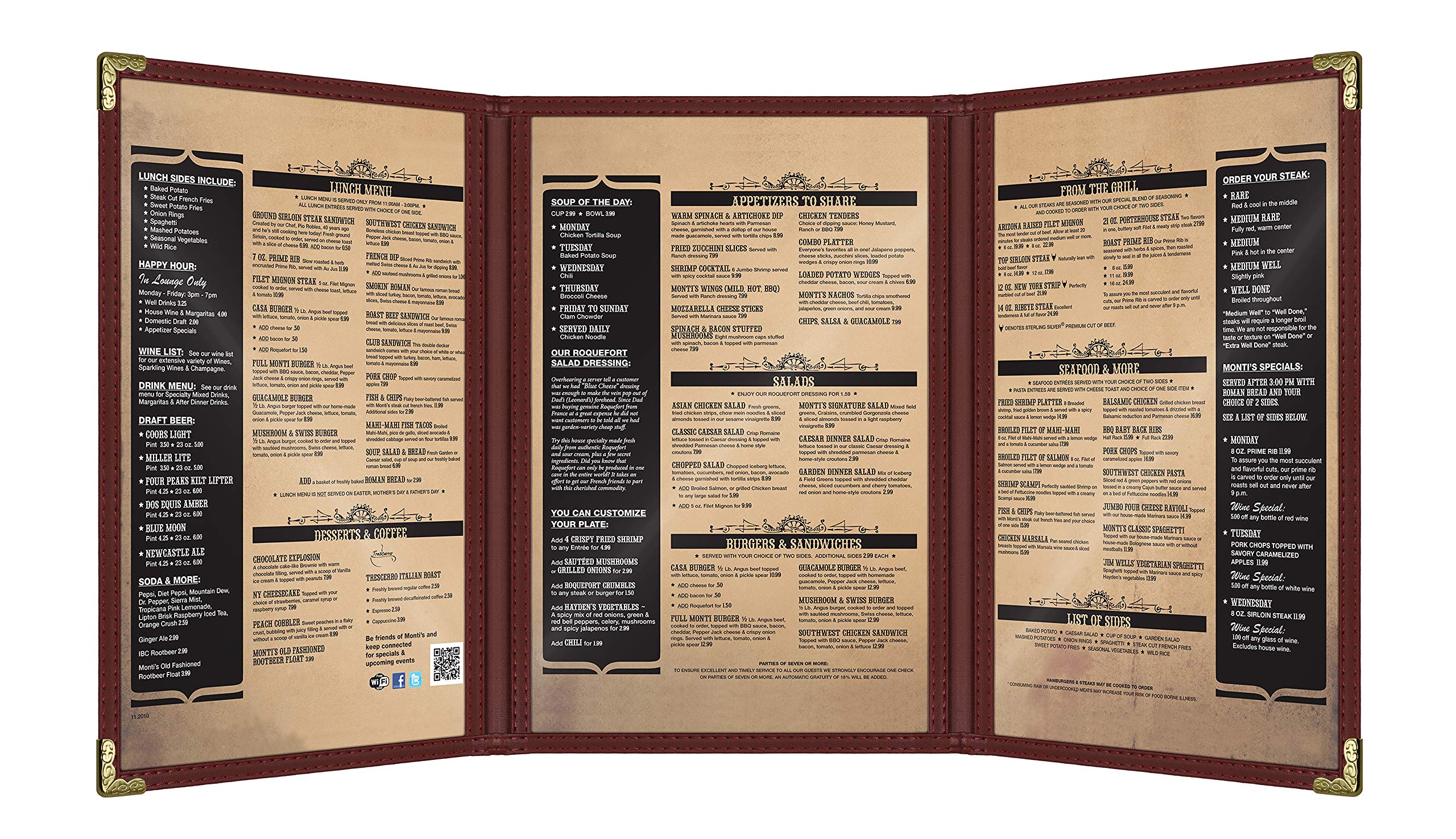 Goodsmart Restaurant Menu Covers – Burgundy, 25 Pack, 6-View Trifold 5.5