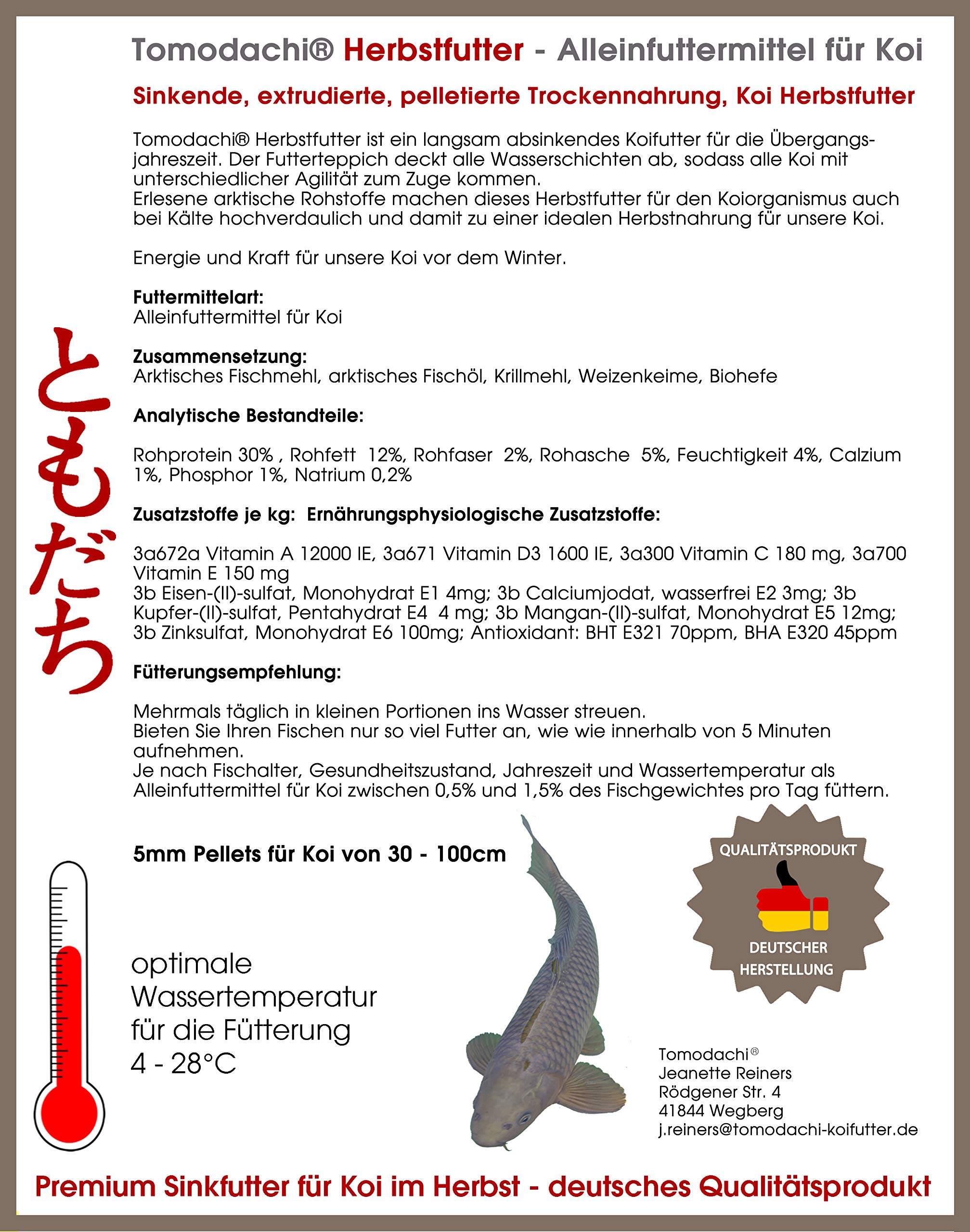 Koifutter für den Herbst, Tomodachi Herbstfutter für Koi, langsam sinkend und energiereich, 10kg