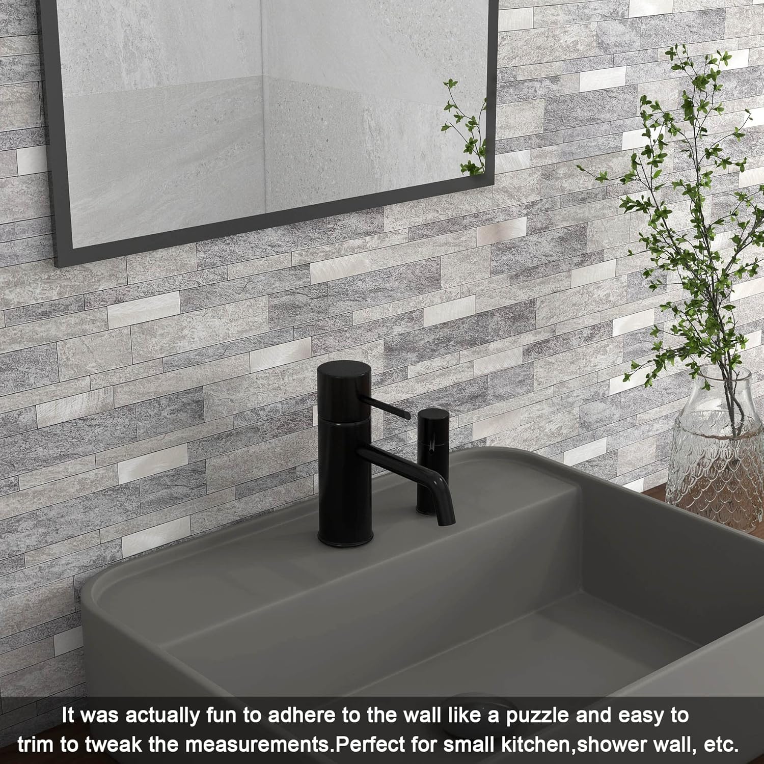 BeNice Peel and Stick Backsplash Tile for Kitchen Peel and Stick,Bathroom Waterproof Backsplash Linear Mosaic Tile(Gray,10PCS)