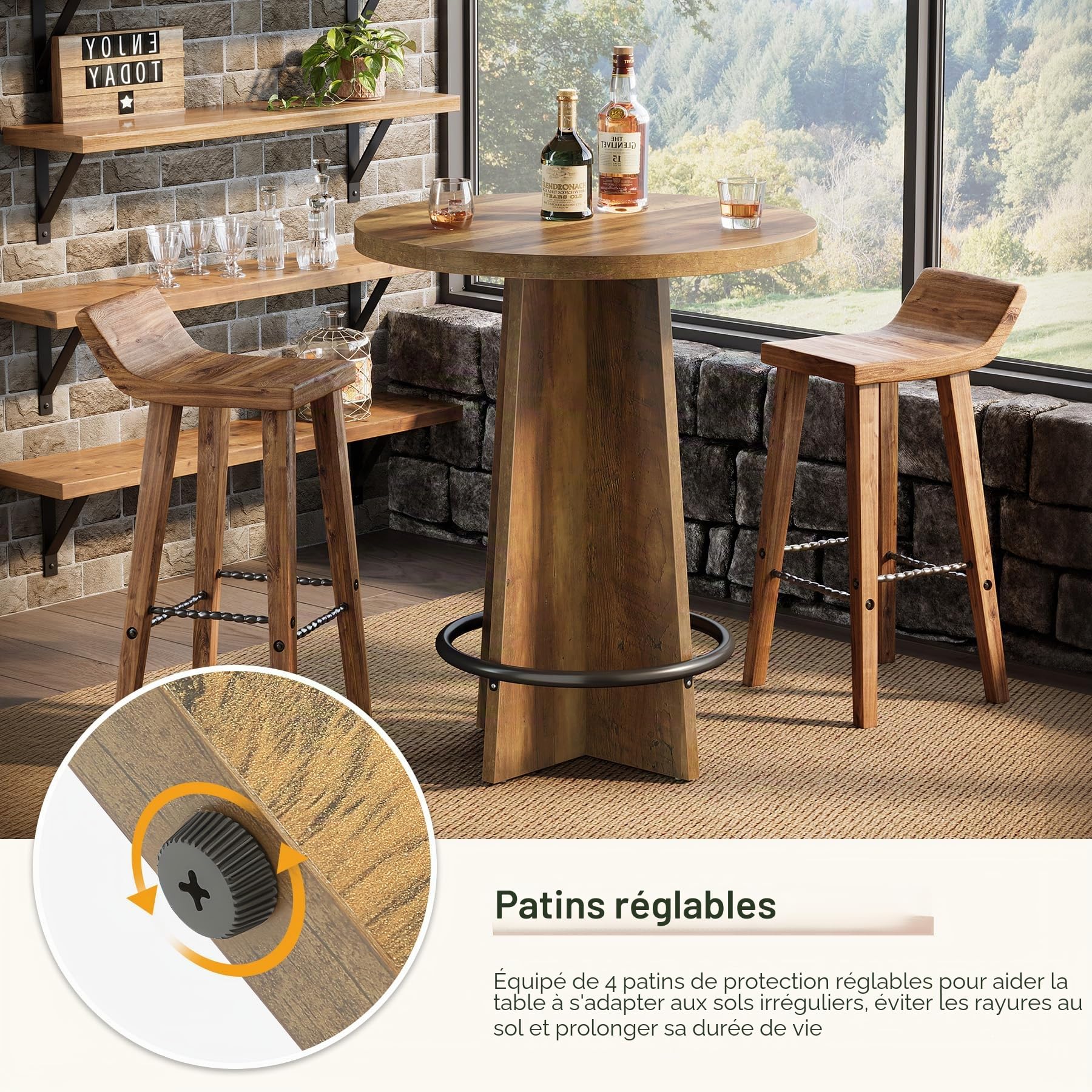 Tribesigns Table de Bar Ronde en Bois, Table bistrot de 95 cm de Haut avec Base et Anneau en métal pour café, Maison, Petit Espace, Marron (Table Uniquement)