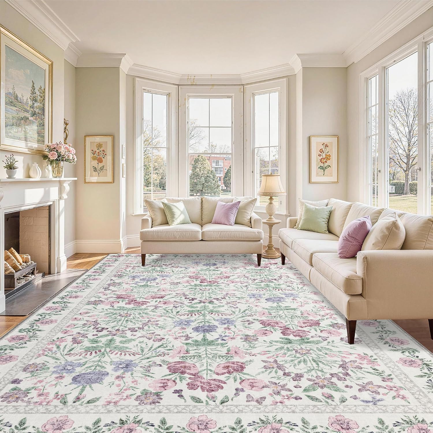 Boho Washable Area Rug: Floral Purple 8x10 Rug for Living Room Girls Bedroom Nursery Home Decor - Soft Vintage Carpet Non-Slip Stain-Resistant Kids Pet Friendly
