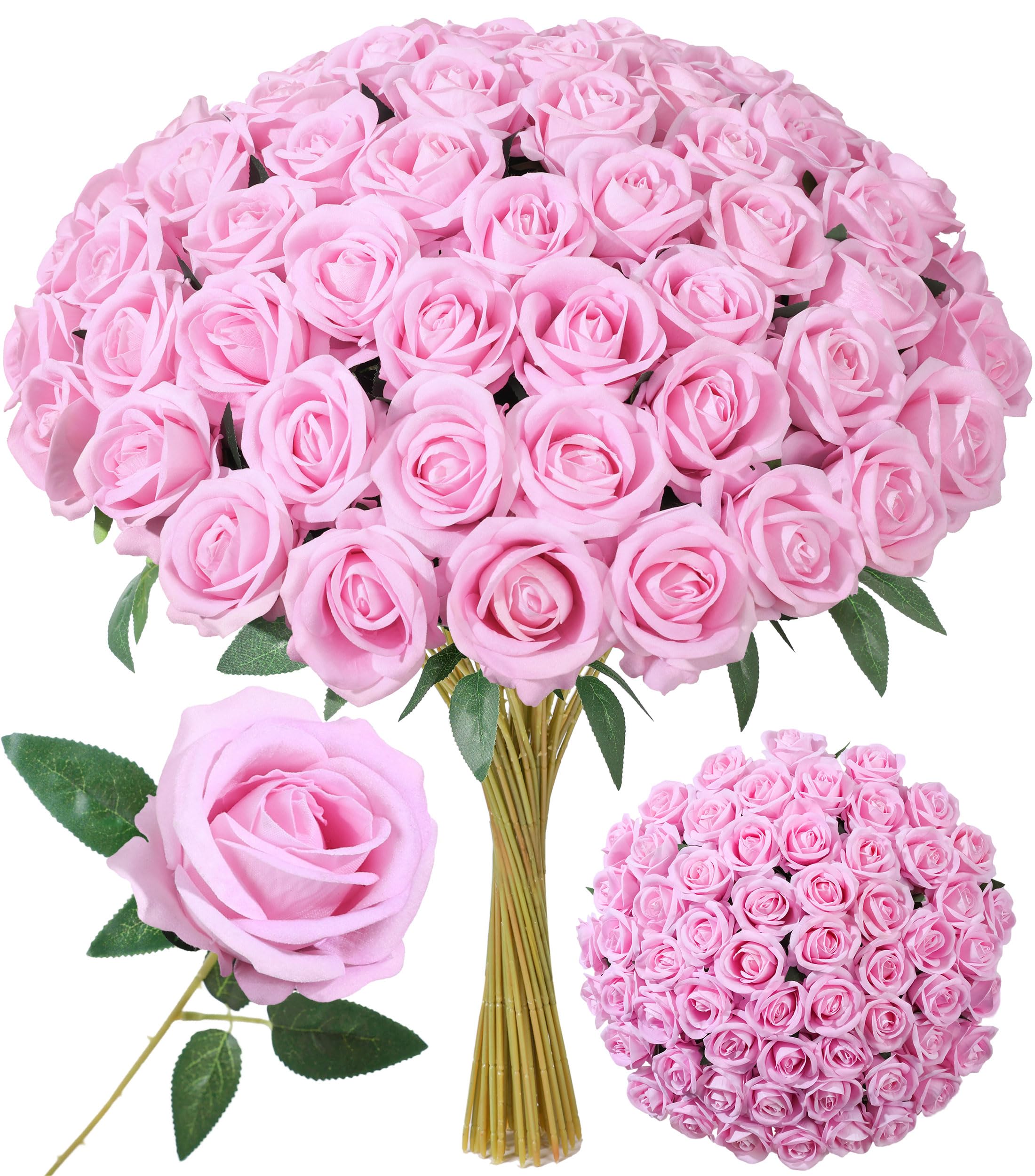 Photo 1 of INSPRING 50 PCS Pink Roses Artificial Flowers with Long Stems