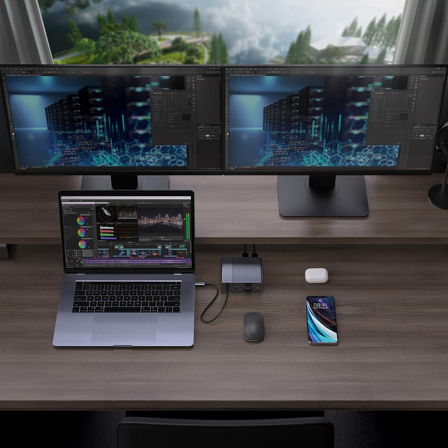 Laptop connected to Hyper Drive GEN2 12-in-1 USB-C Hub with two external monitors, mouse, and phone.