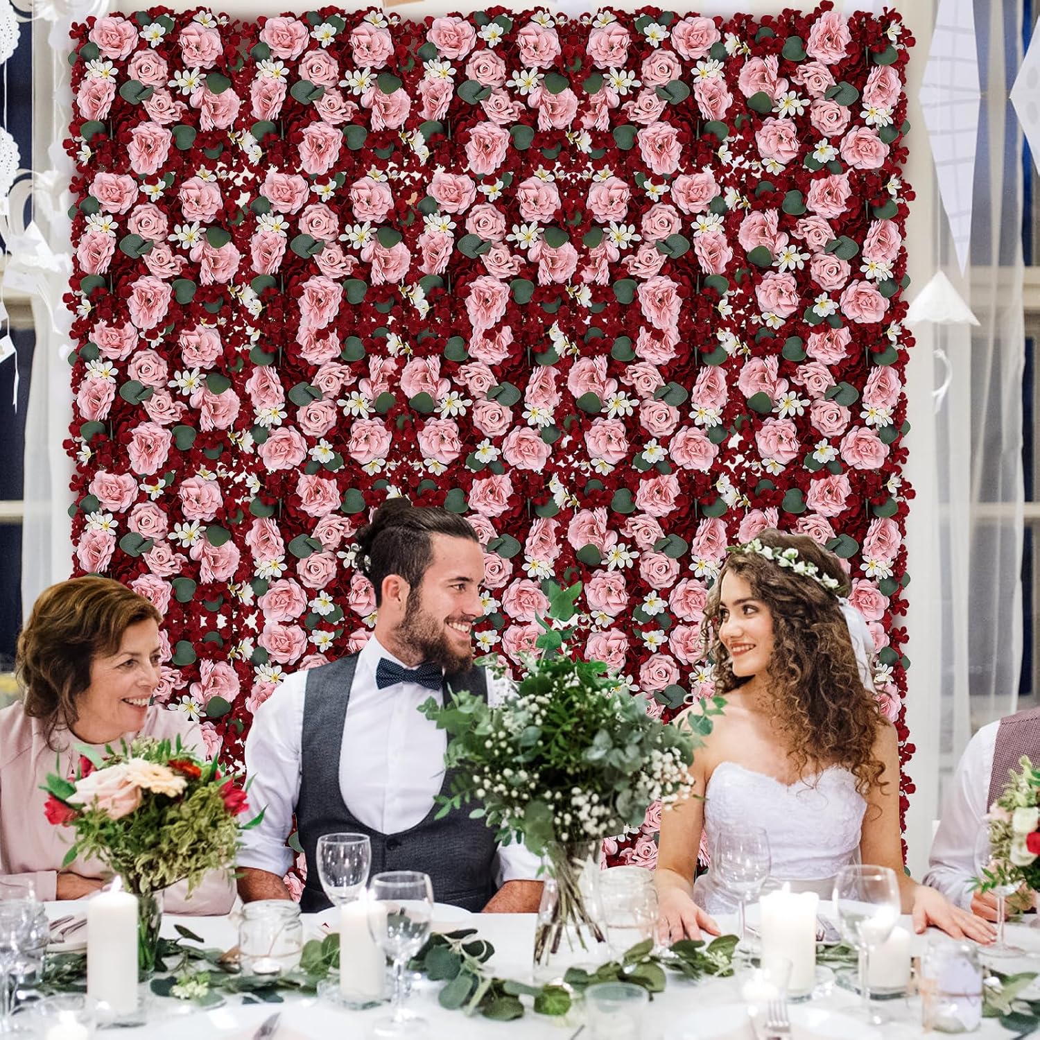Pack of 6 Artificial Silk Flower Panels, Faux Floral Wall Background for Wedding Party Engagement Bridal Shower Arrangement Home Decorations - Burgundy & Dusty Pink