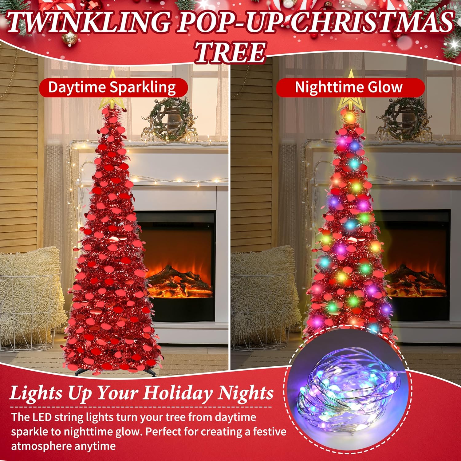 5 FT Pop Up Christmas Tinsel Tree with 50 LED Lights, Star Topper, Easy Assembly with Stand, Collapsible Prelit Christmas Pencil Tree for Xmas Home Party Decor (Red)