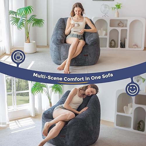 Miniatura 3 de MAXYOYO Puf, sofá puff con relleno, acogedora silla de sala de estar para adultos y niños, sofá de piso relleno para dormitorio, lectura, color gris