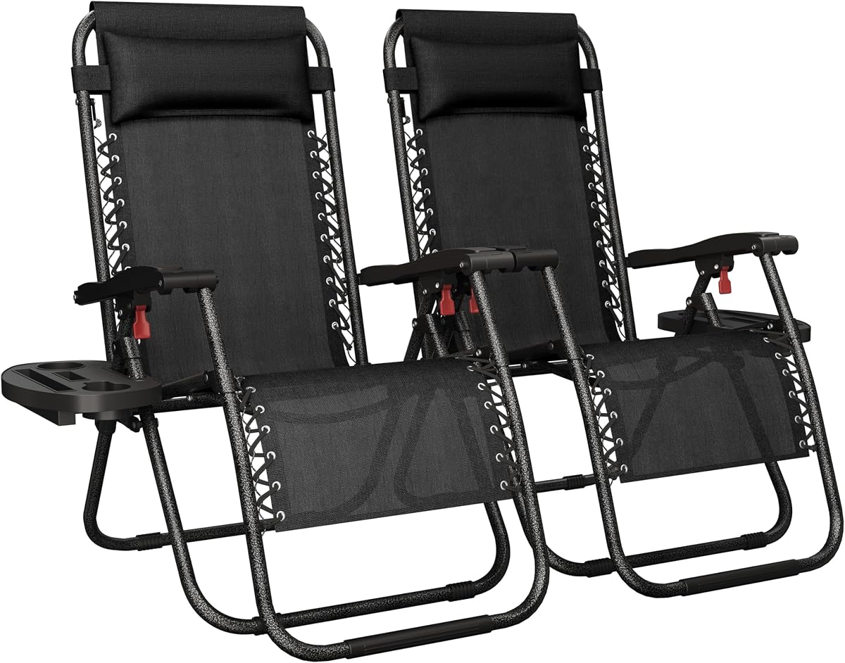 Yaheetech 26" Zero Gravity Recliners Adjustable Set of 2, Dark Black | Outdoor Folding Reclining Lounge Chairs w/Pillows, Cup Holder Trays and Carry Strap for Camping, Backyard, Beach, Indoor