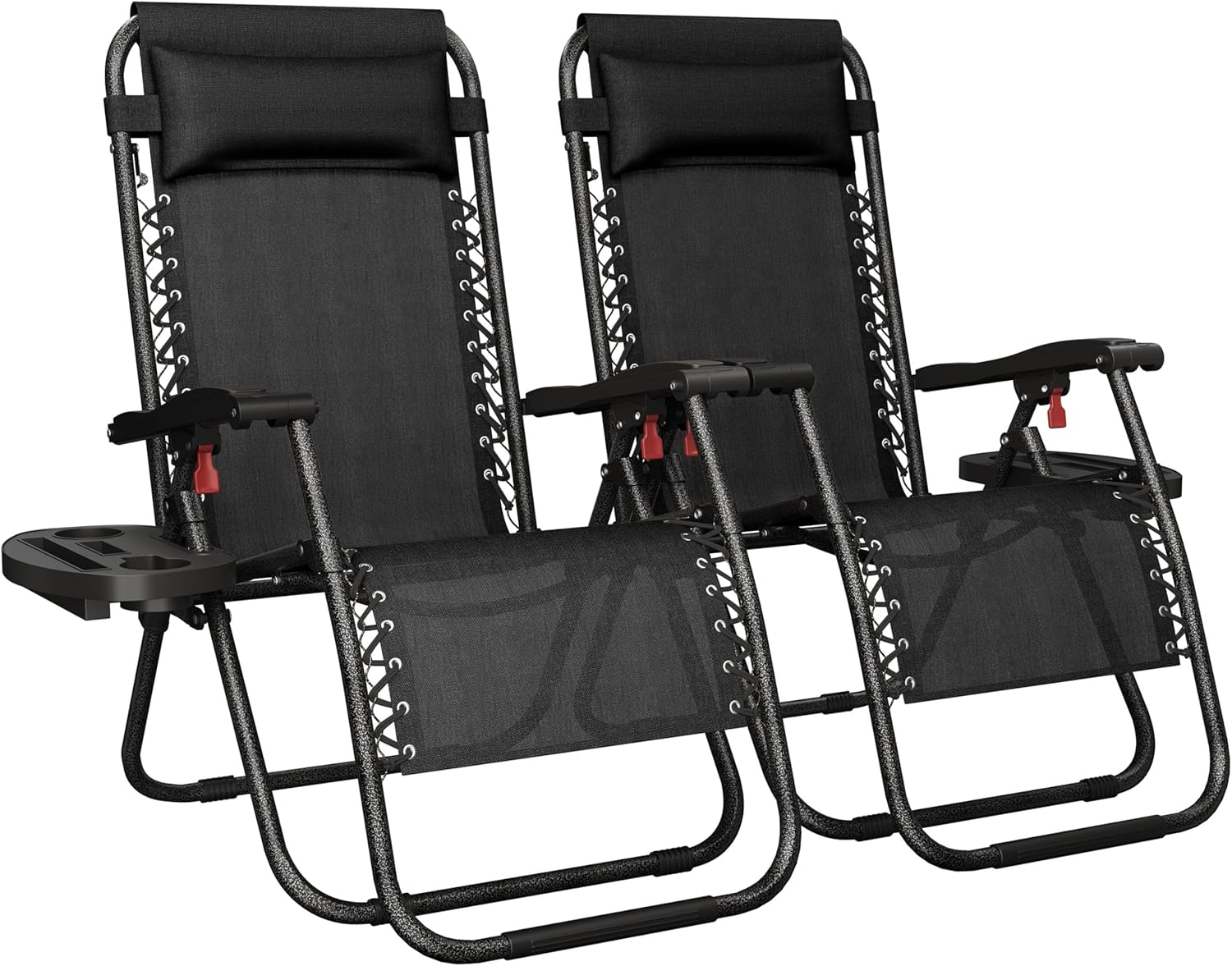 Yaheetech 26" Zero Gravity Recliners Outdoor Adjustable Folding Reclining Lounge Chairs w/Pillows, Cup Holder Trays and Carry Strap for Patio Backyard Beach New Black Set of 2