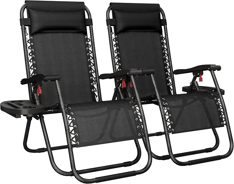 Yaheetech 26" Zero Gravity Recliners Adjustable Set of 2, Dark Black | Outdoor Folding Reclining Lounge Chairs w/Pillows, Cup Holder Trays and Carry Strap for Camping, Backyard, Beach, Indoor