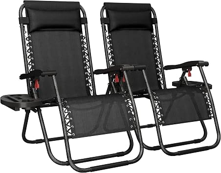 Yaheetech 26" Zero Gravity Recliners Outdoor Adjustable Folding Reclining Lounge Chairs w/Pillows, Cup Holder Trays and Carry Strap for Patio Backyard Beach Black Set of 2