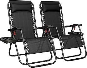 Yaheetech 26" Zero Gravity Recliners Outdoor Adjustable Folding Reclining Lounge Chairs w/Pillows, Cup Holder Trays and Carry Strap for Patio Backyard Beach New Black Set of 2