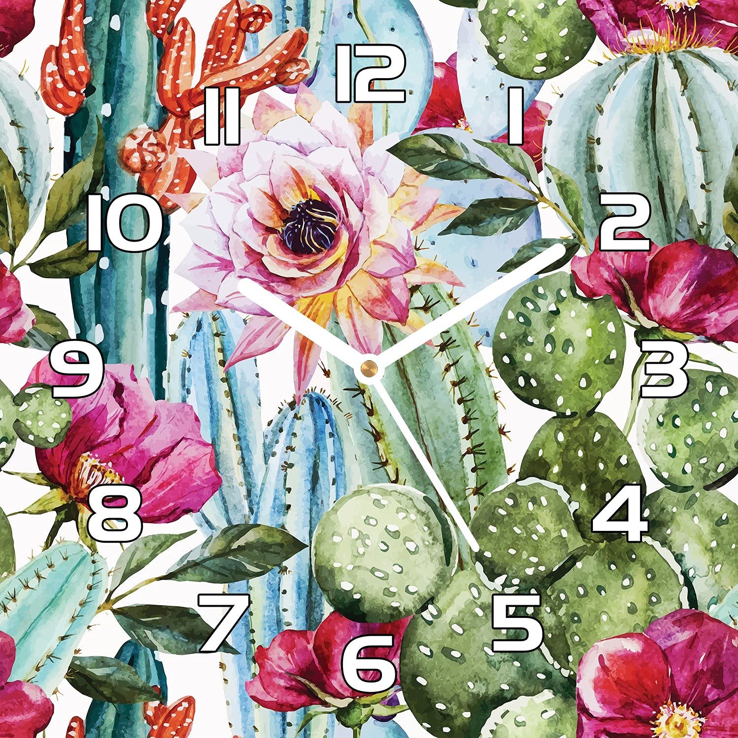 Horloge en verre silencieuse 30x30 cm fleurs de cactus pour cuisine et salon sans bruit de tic-tac