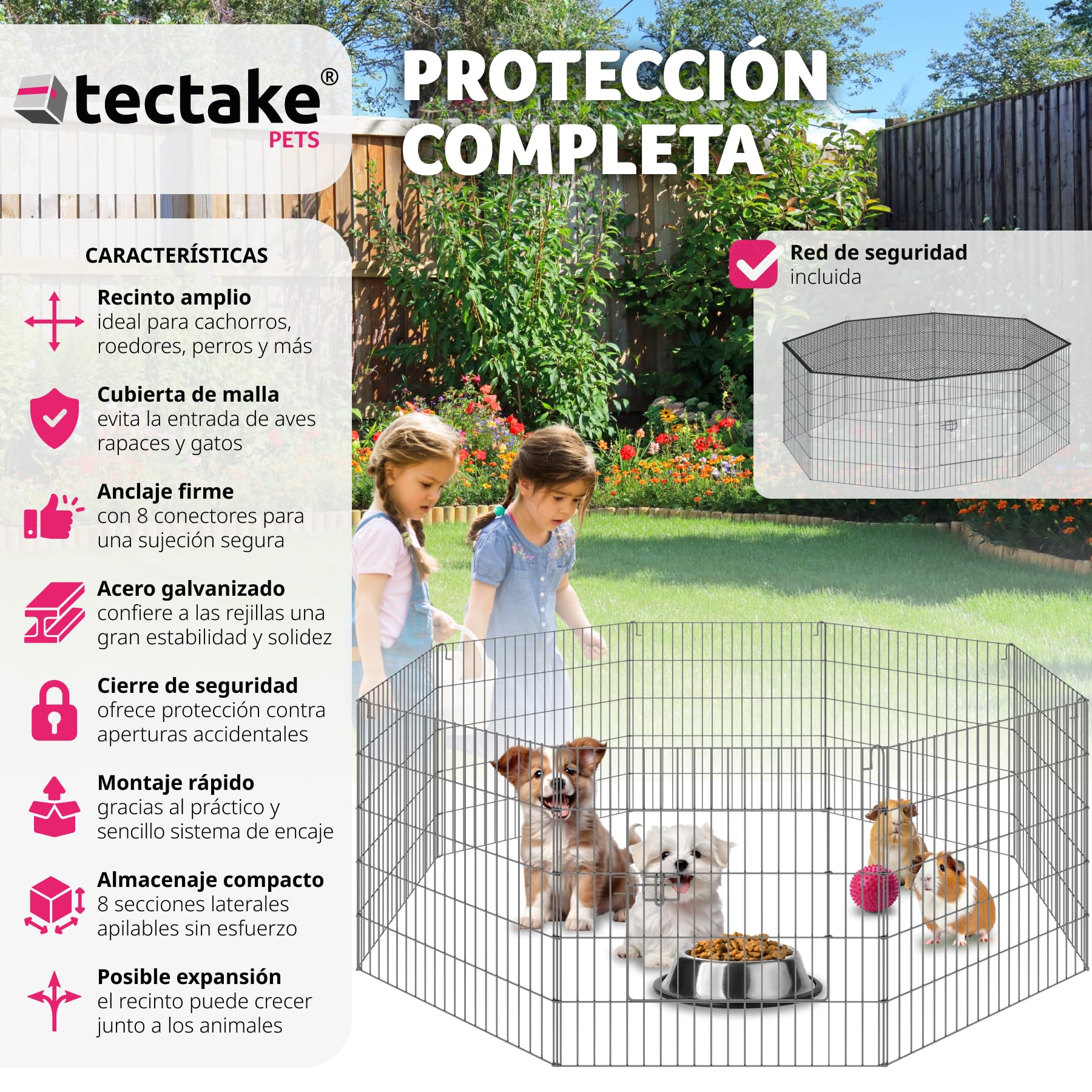 Parque para Perros con 8 Piezas de Rejilla, Puerta de Seguridad Doble Cierre, Vallas para Perros, Red de Seguridad incluida, Cercado Ampliable - 145 x 145 x 73 cm