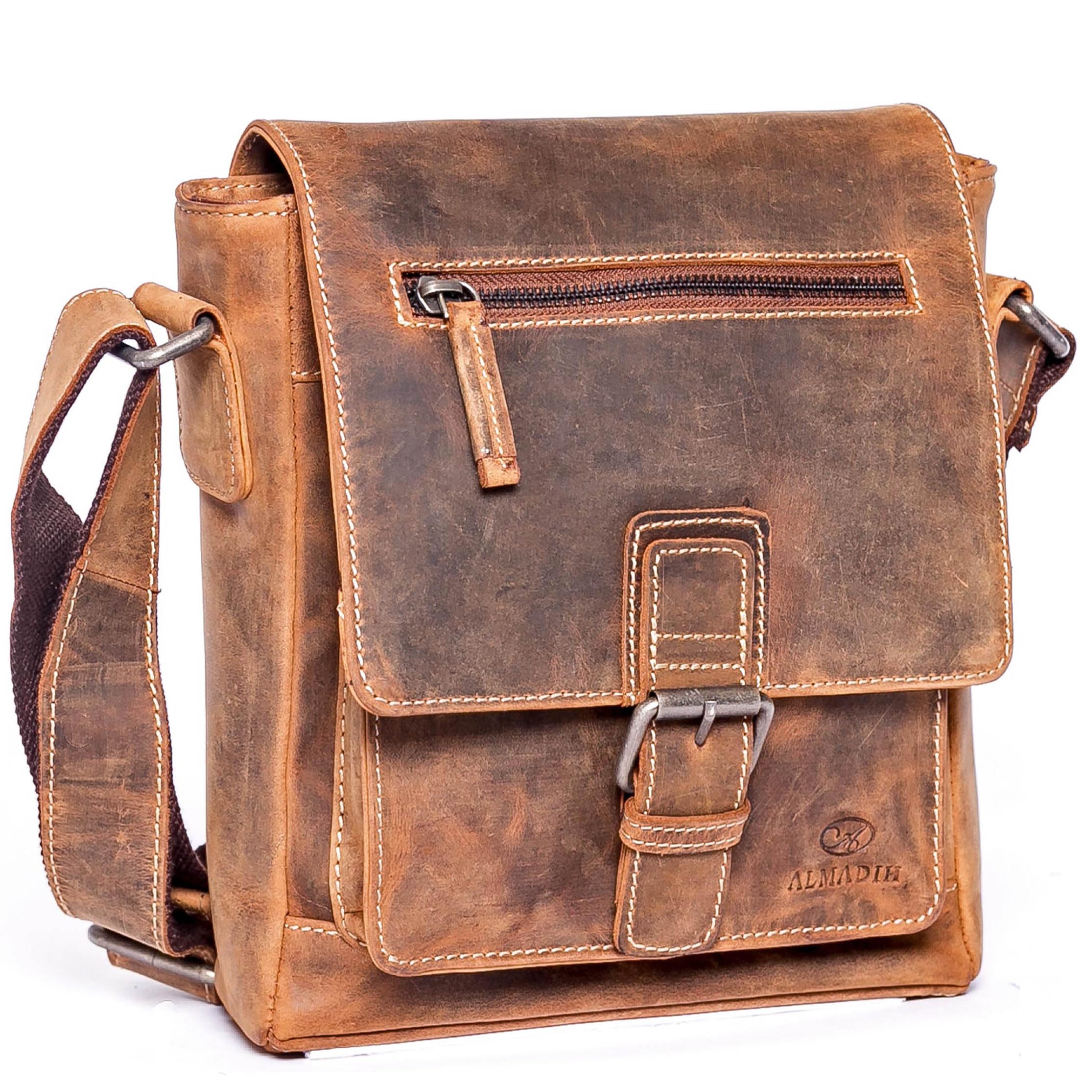 ALMADIH Leder Umhängetasche Herren LUIS perfekt für Tablet iPads 9.7 zoll - Kompakte echte Ledertasche Herren Schultertasche kleine Herrentasche Herrenhandtasche Männer braun (LUIS vintage)
