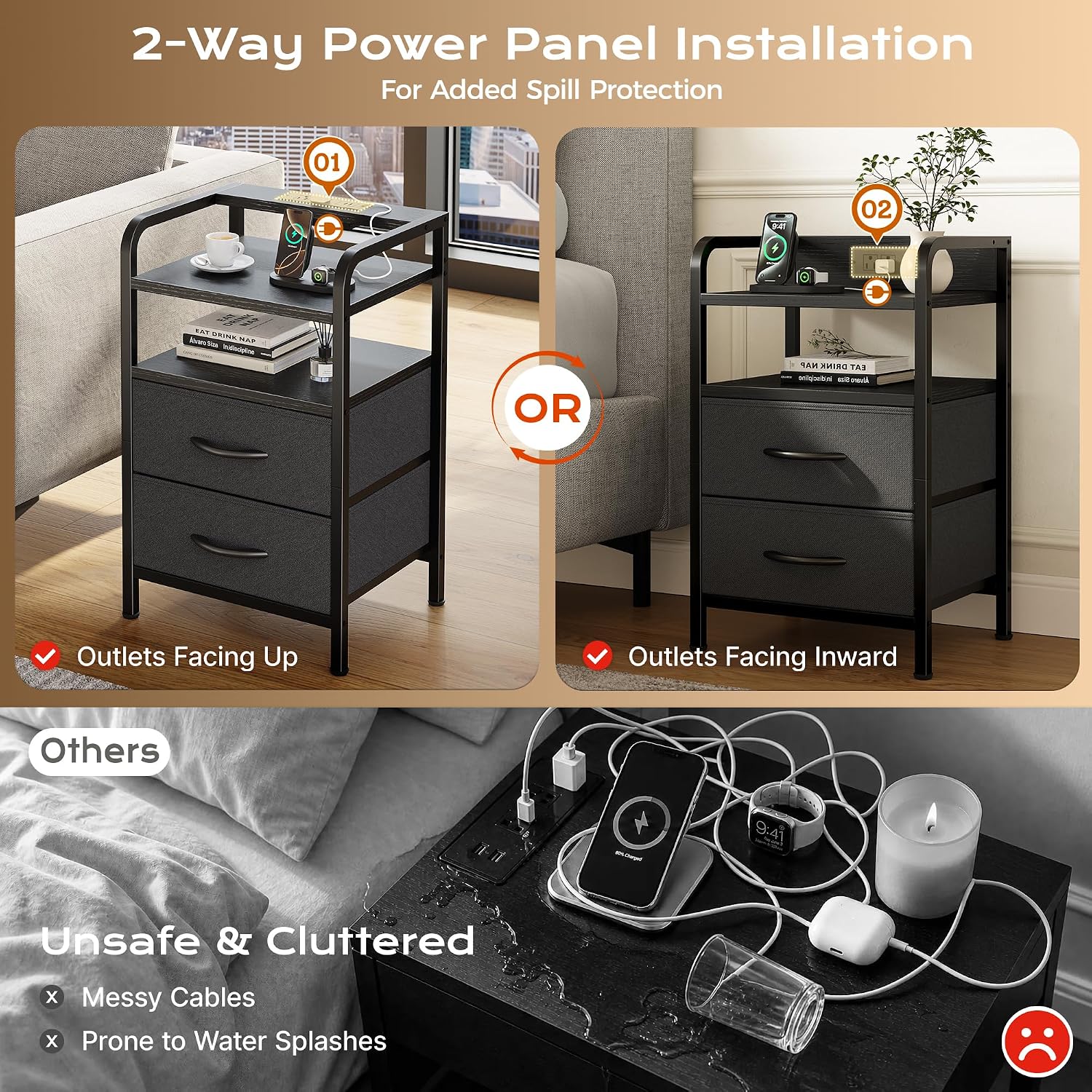 Huuger Nightstands Set of 2, Night Stand with LED Lights, Charging Station and USB-C Ports, 2 Drawers Bed Side Table, Open Shelf, 2-Way Power Panel Install, End Table for Bedroom, Black
