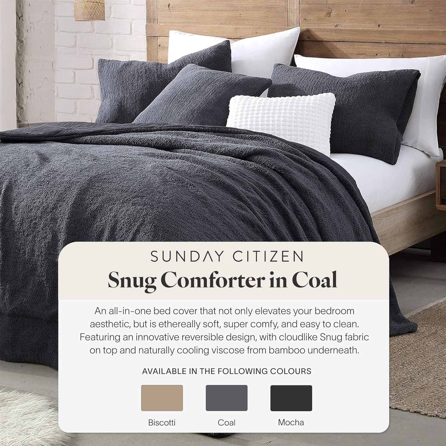 Sunday Citizen Snug Comforter King Size – Fluffy Plush Luxury, Reversible Cozy & Cooling Soft Thick King Comforter with Recycled Fill, Machine Washable (Coal)