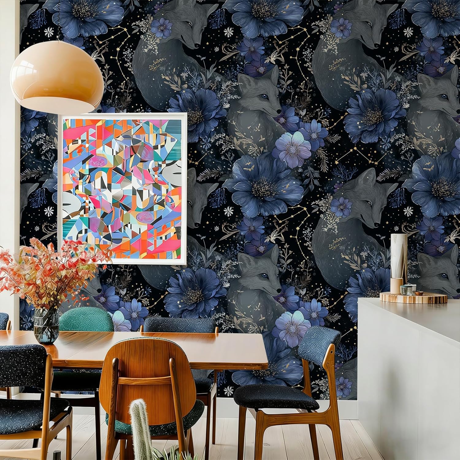 Stickorama Whimsical Starry Animal Galaxy Peel and Stick Wallpaper Self Adhesive 17.72" X 236.2" Fox Floral Star Wall Paper Renter Friendly Removable Waterproof for Bedroom Living Room