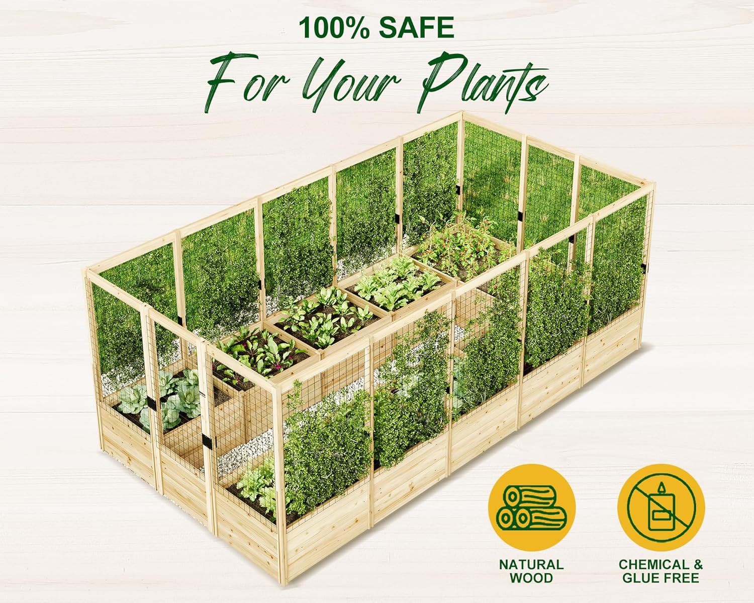 Image highlighting the natural wood construction of the garden bed, emphasizing it is chemical and glue-free for plant safety.