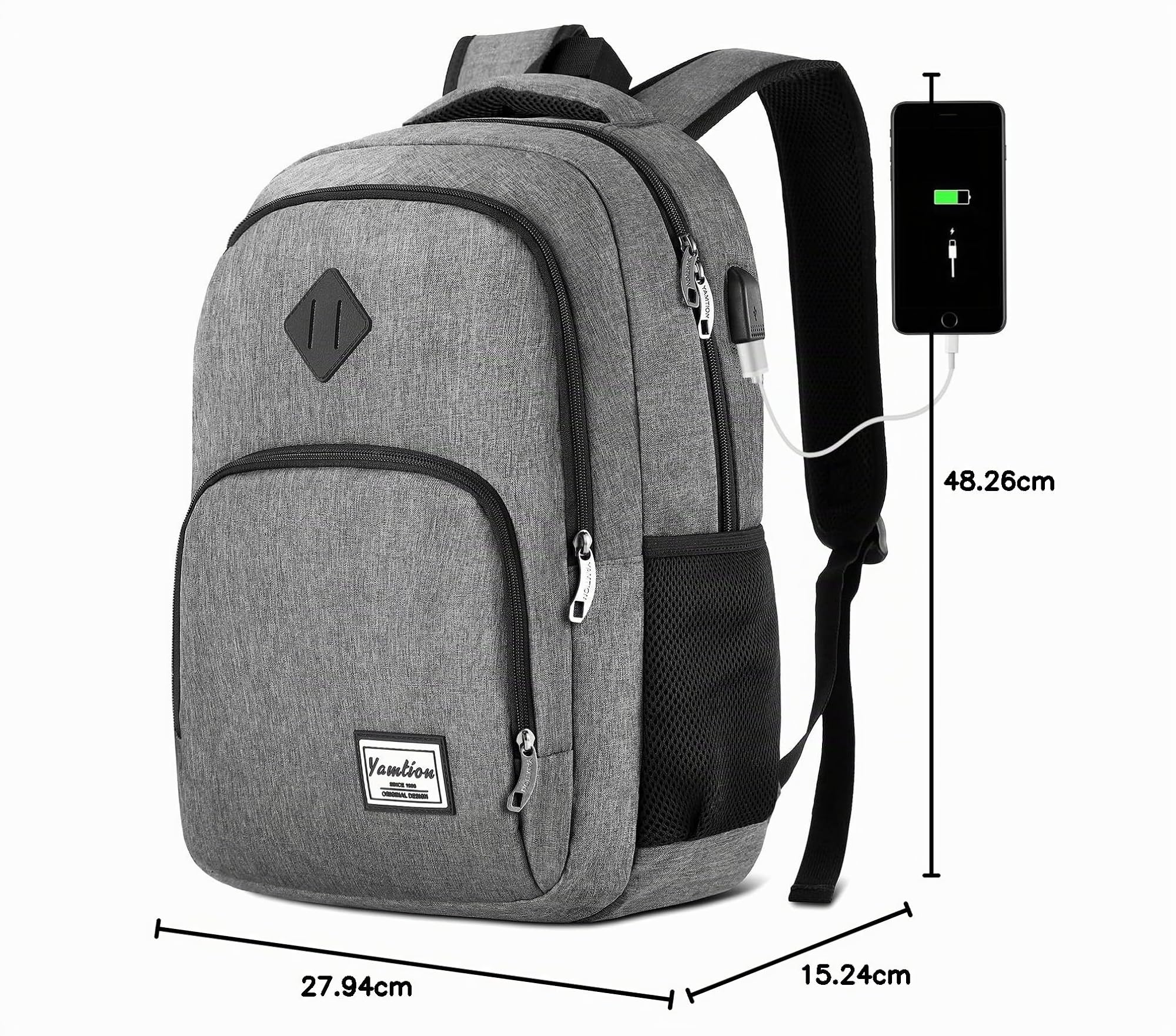 YAMTION - Zaino per uomo e donna, zaino per la scuola, per adolescenti, per laptop da 15,6 pollici (39,5 cm), zaino per computer portatile, con porta di ricarica USB, per lavoro, studio, viaggi