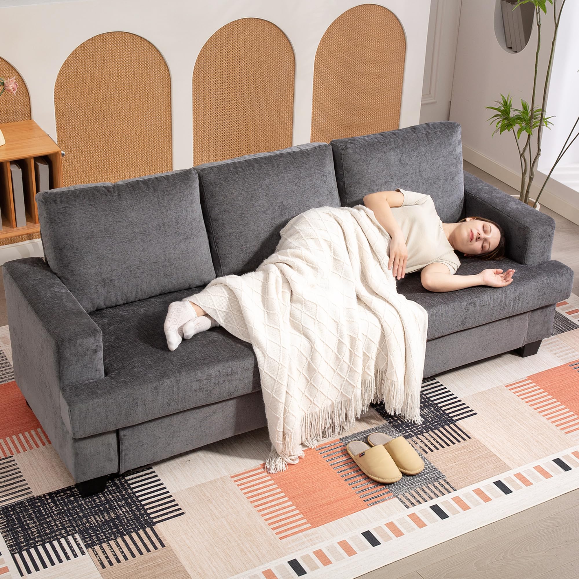 HOMCOM Sofá de 3 Plazas Acolchado Grueso Sofá de Salón 213x82x90 cm Gris | Tapizado en Chenilla, con Estructura de Acero, Diseño Moderno, para Dormitorio Sala de Estar