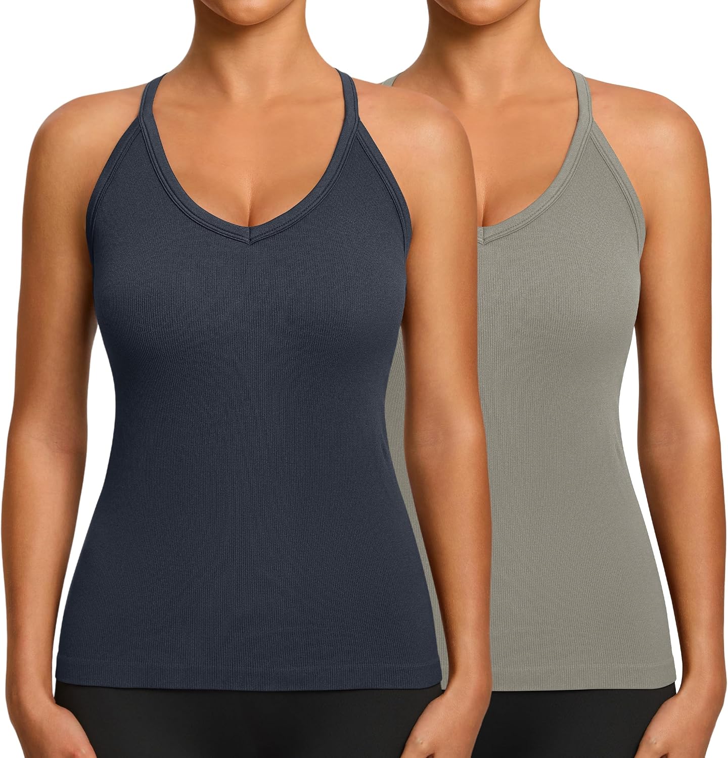 2 Pack Workout Tank Tops with Built in Bra for Women V Neck Seamless Ribbed T-Back Tank & Adjustable Strap Camisole