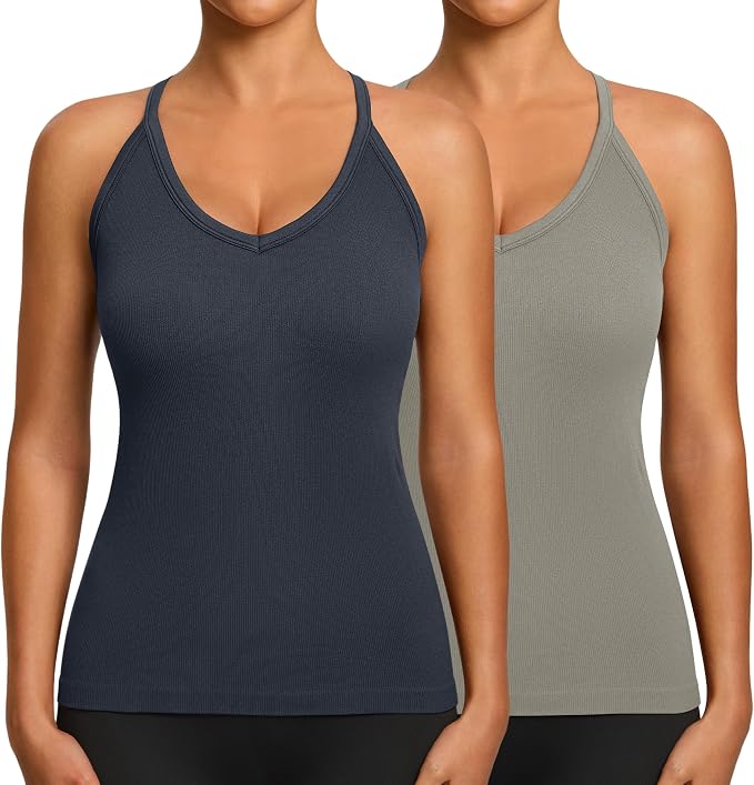 2 Pack V Neck Workout Tank Tops with Built in Bra