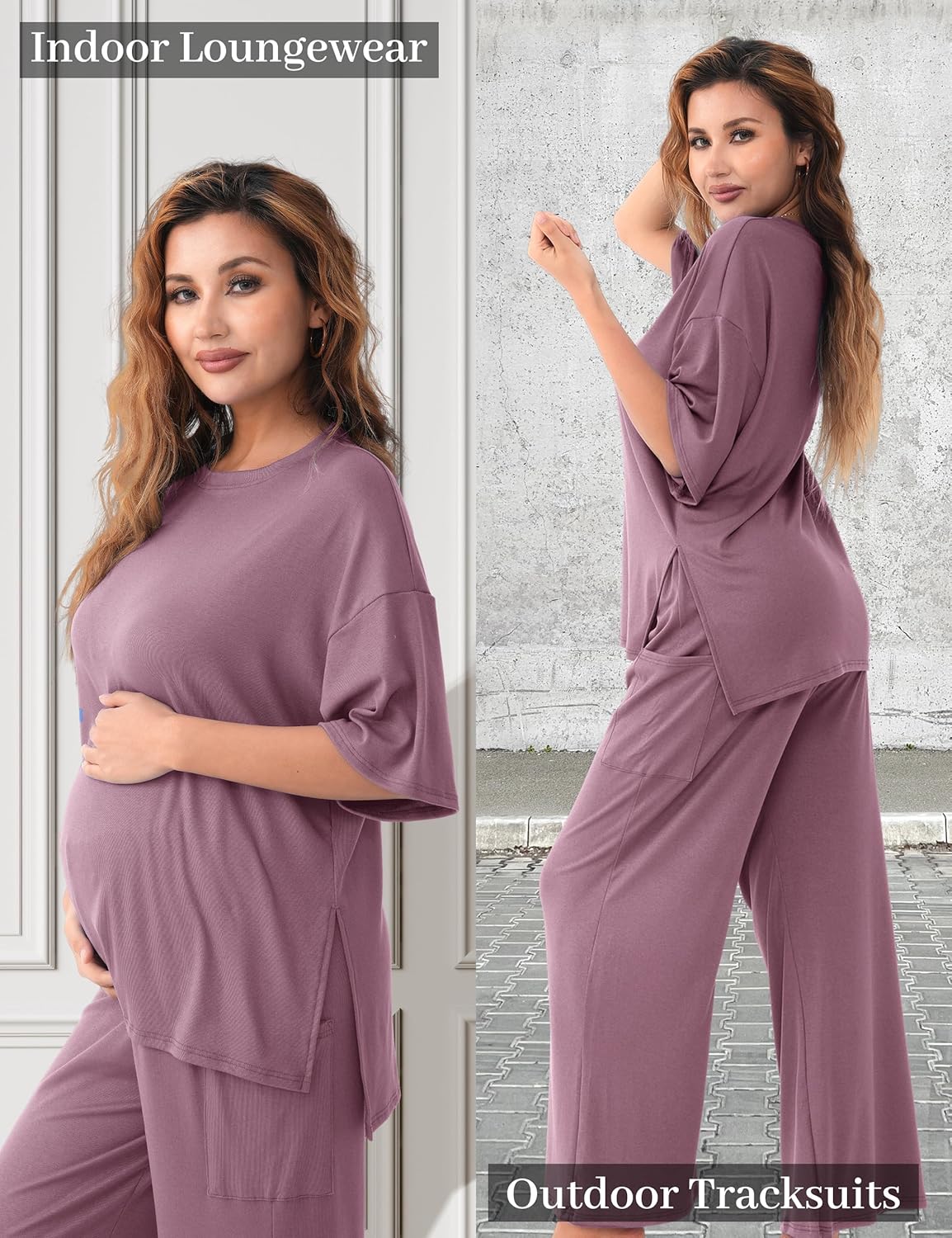 Maternity Lounge Set 2 Piece Outfits Matching Short Sleeve Top Adjustable Long Pants Pregnancy Summer Loungwear - Image 4