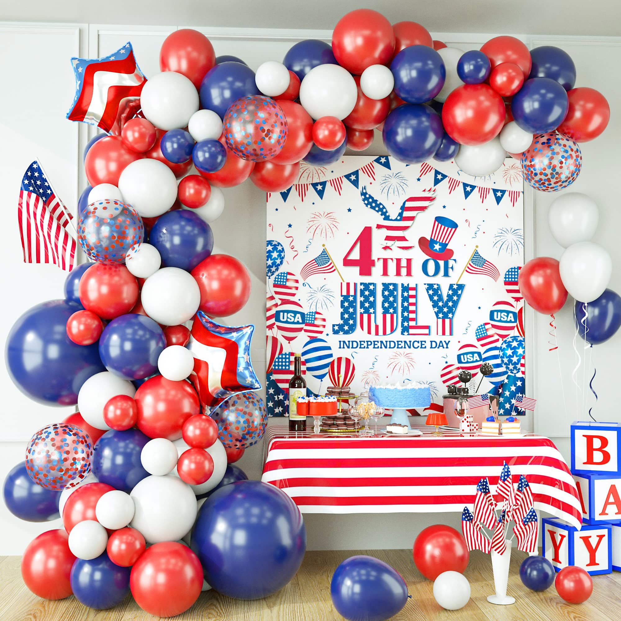 FEYG 4th of July Balloon Garland Arch Kit, Independence Day Backdrop Banner Decoration, Blue Red White Balloon Arch Kit Backdrop Banner Sign for 4th of July Independence Day Patriotic Party Supplies