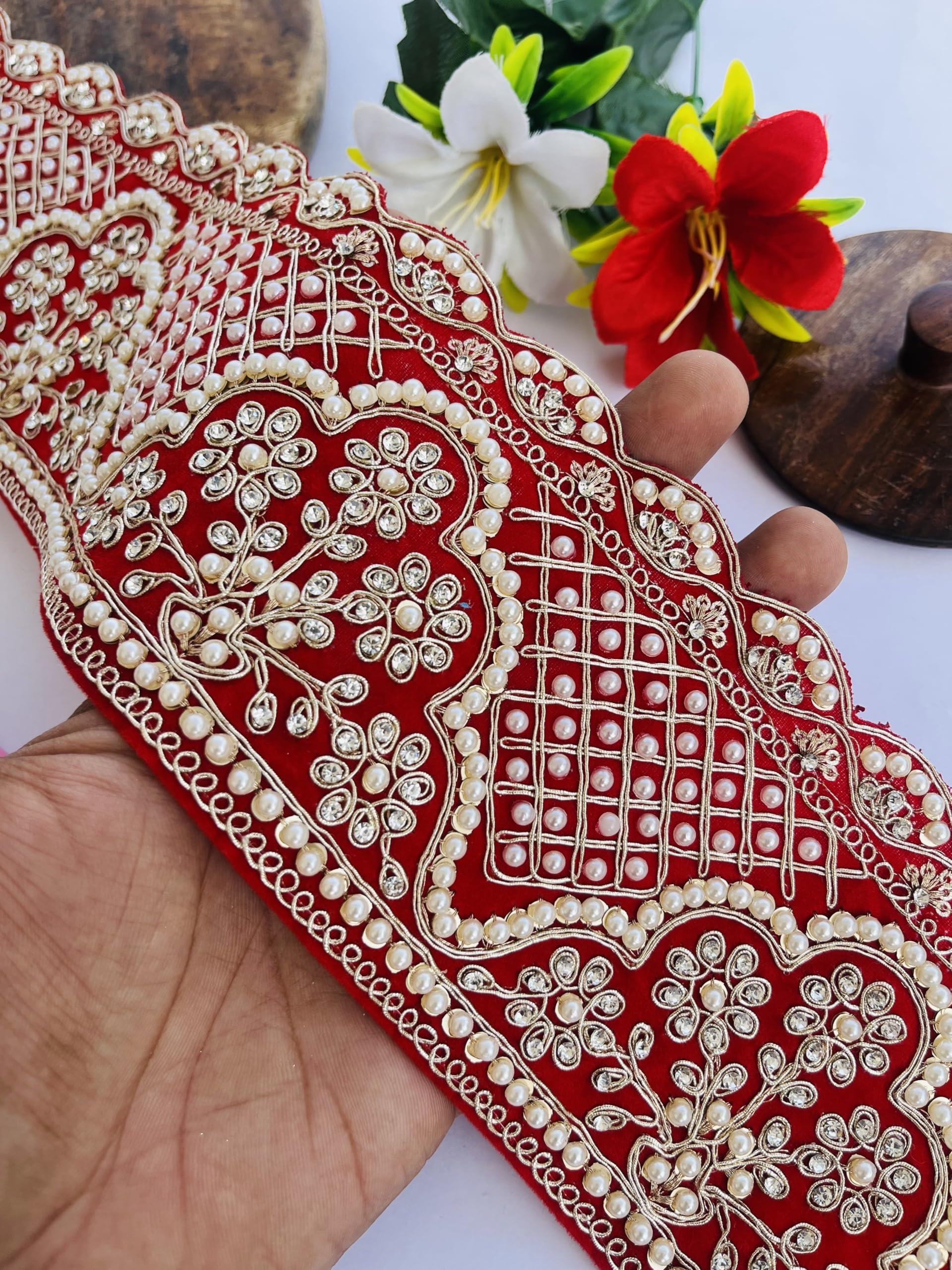 Ribete rojo floral de 4 pulgadas con perlas decorativas para manualidades y bodas