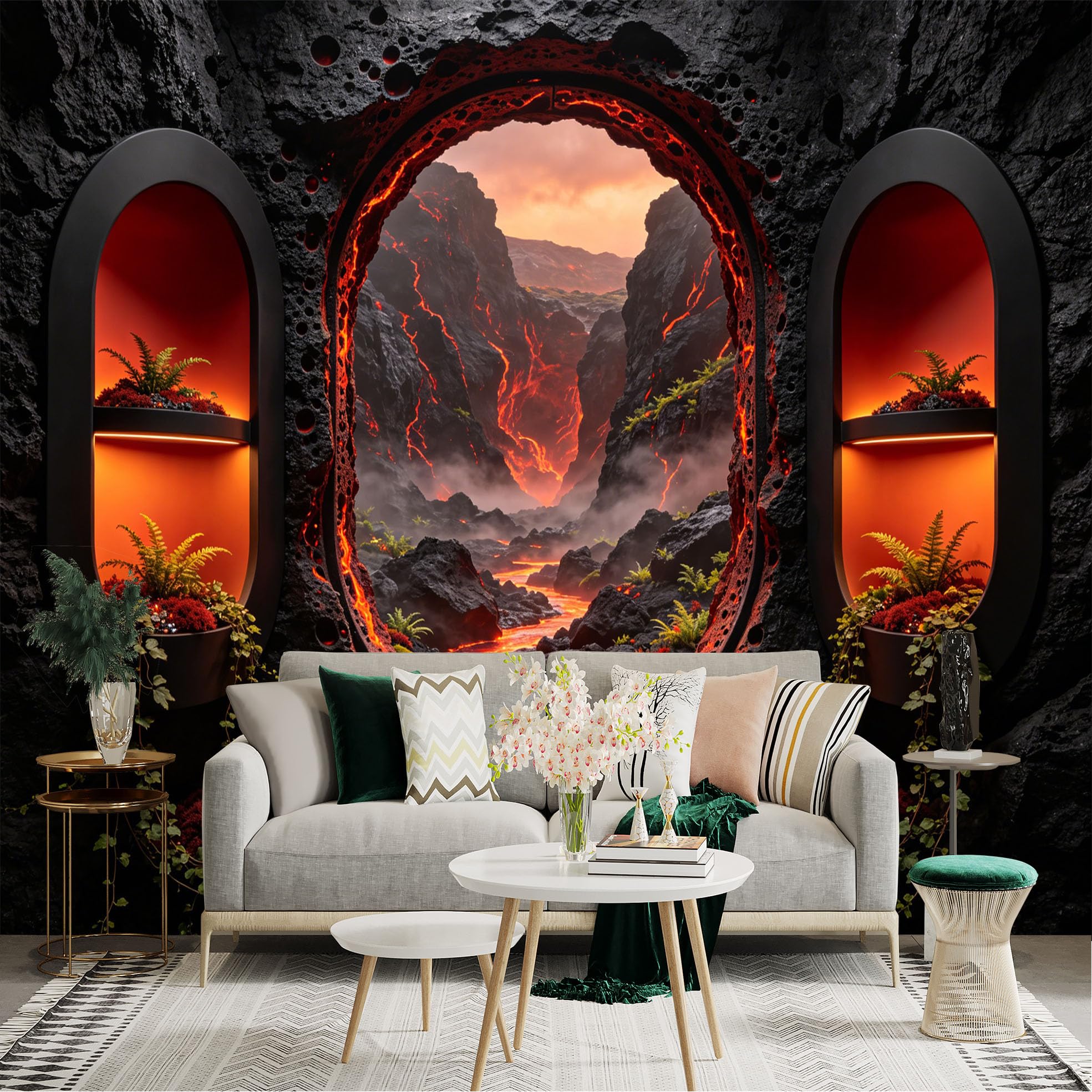 Custom Size Wall Sticker Mural， Fiery Lava River with Volcanic Rocks and Fern Plants， for wall Decoration， peelandstick wall Decals.