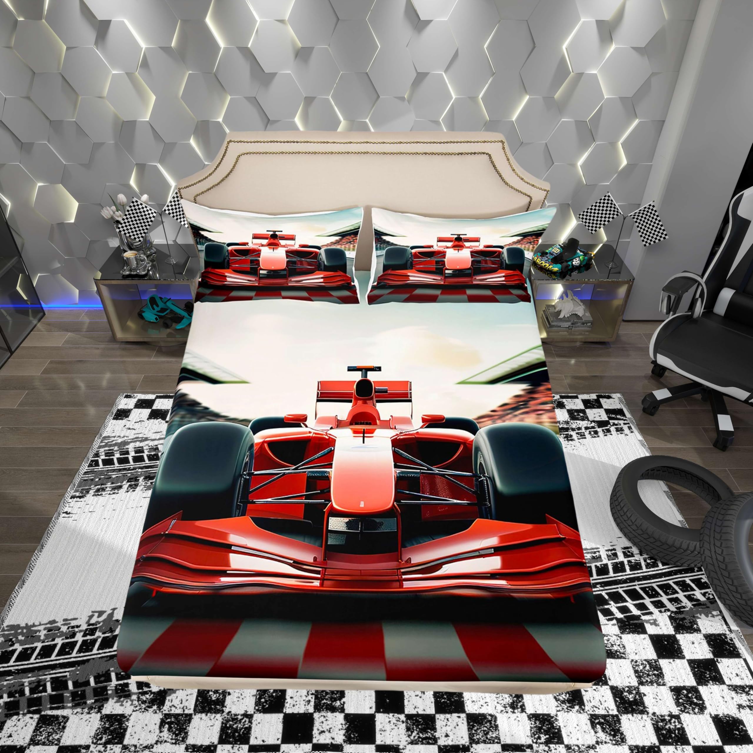 3D Red Formula Car Bedding Set Twin Size Cool Racing Car Bed Set for Teens  Bedroom Decor Kids Sheet Microfiber Racing Speed Sport Bed Cover(1 Fitted