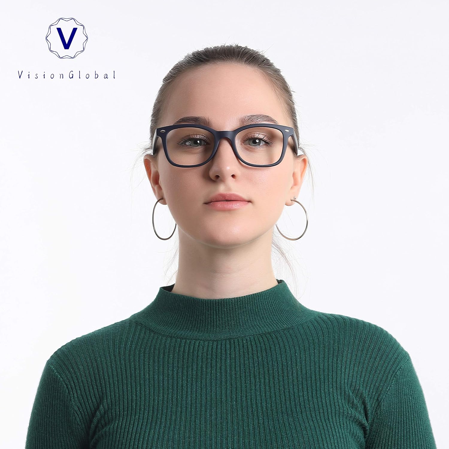 VisionGlobal Blue Light Blocking Glasses for Women/Men, Anti Eyestrain, Computer Reading, TV Glasses, Stylish Square Frame, Anti Glare (Navy,+5.75 Magnification)