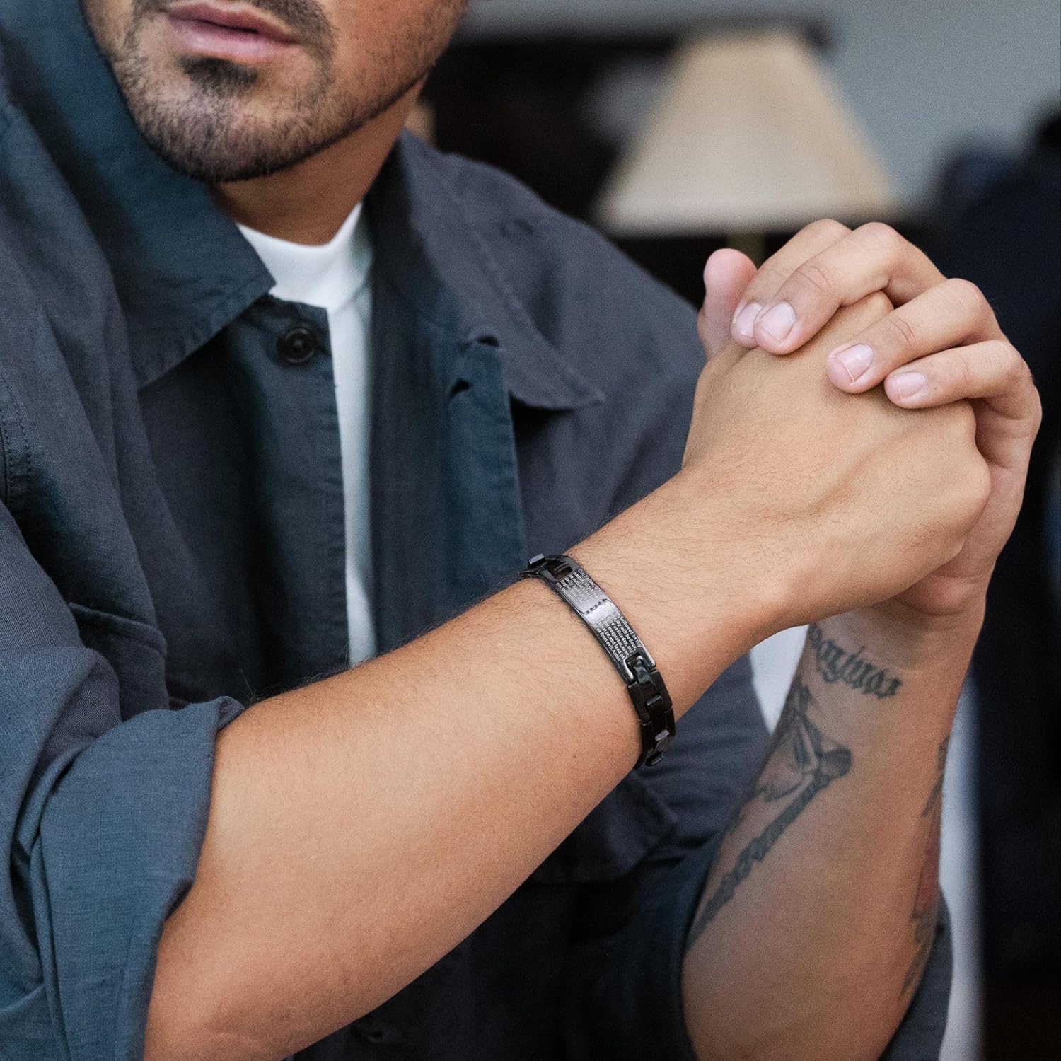 Engravable Lord's Prayer Bracelet for Him - Black Stainless Steel ID Bracelet - Men's Personalized Bracelets - Religious Gift for Him - Birthday Gift - Graduation Gift - Father's Day Gift - Gifts for