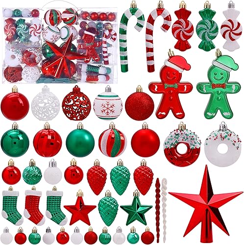 Juego de 125 adornos para árbol de Navidad, color rojo, verde y blanco, inastillables, con decoraciones de Navidad con estrellas en la parte