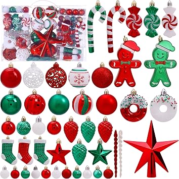 125 Pcs Christmas Tree Ornaments Set, Red Green White Shatterproof Christmas Decorations with Star Toppers Assorted Decorative Hanging Balls for Xmas Tree Home Holiday Party