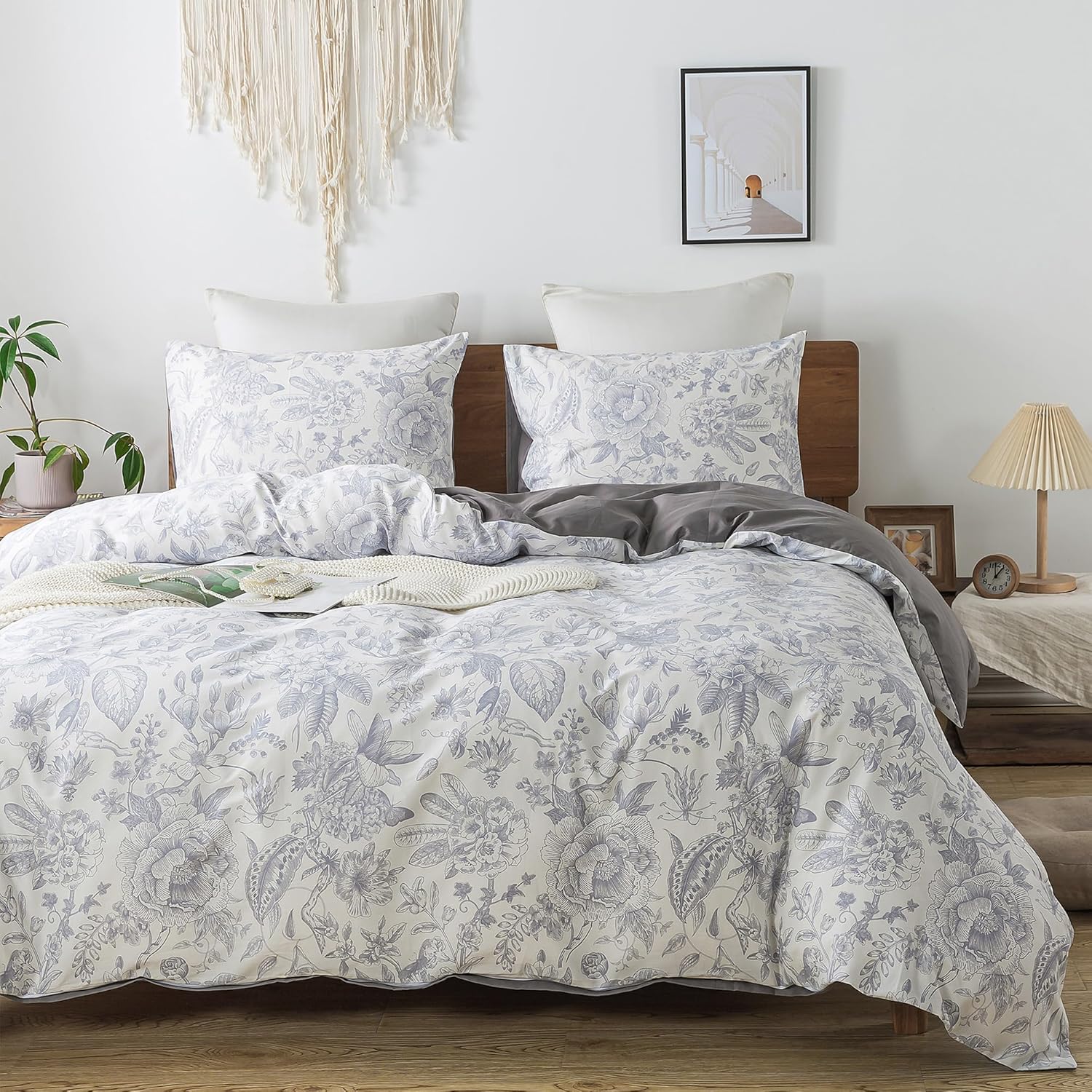 HoneiLife King Duvet Cover Set - 100% Cotton Comforter Cover Floral Duvet Cover Sets,Soft & Breathable Duvet Cover with Zipper Closure and Corner Ties,3pcs Wildflower Comforter Cover Sets-Herbs