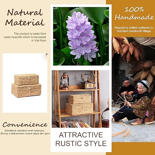 Miniatura 7 de Juego de 2 contenedores rectangulares de mimbre con tapa, cestas decorativas de ratán, cajas de exhibición multiusos para organizador de estantes,