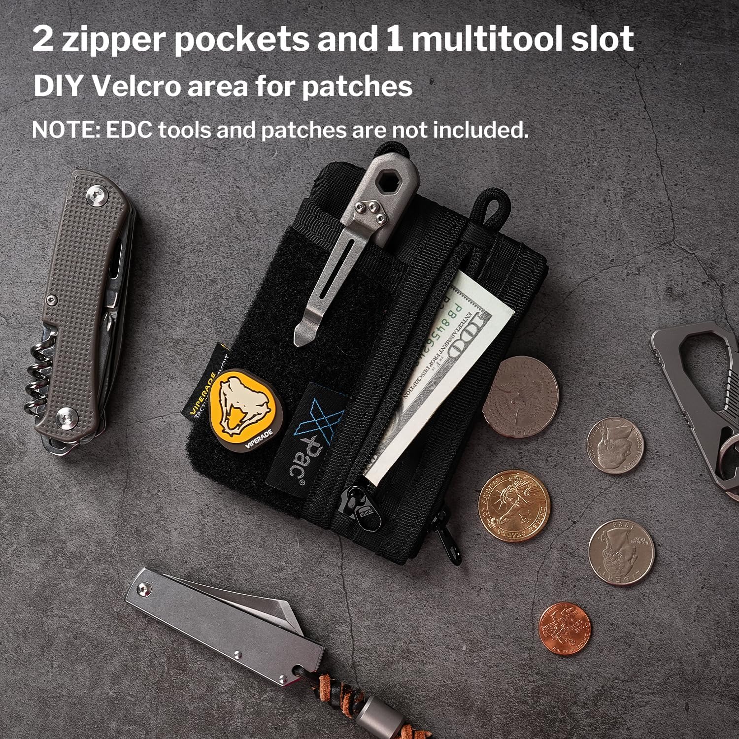 VIPERADE VE18-S Small EDC Pouch, Mini EDC Pocket Organizer for Men, EDC Pocket Organizer, 3 Slots with 2 Zipper Pockets Multitool Pouch - Image 3