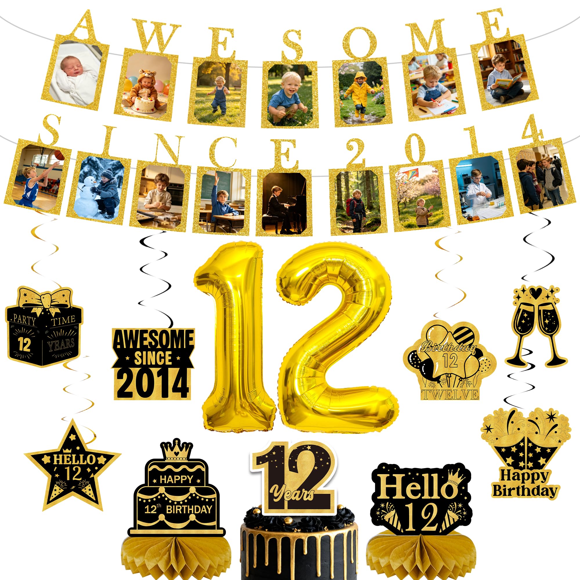 Happy 12th Birthday Banner Decorations, Gold Photo Banners Set