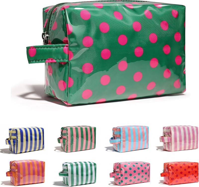 Necessaire Fozira de PVC listrado com zíper, Verde e rosa com poás